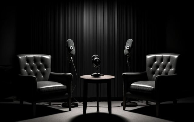 two-chairs-are-sitting-table-with-microphone-it two-chairs-are-sitting-table-with-microphone-it